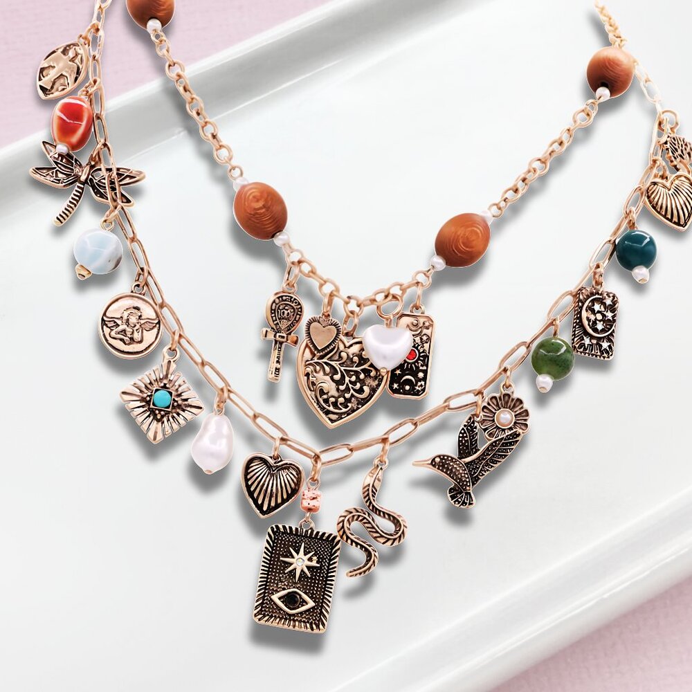 Love Luck + Faith Guardian Angel Heart Evil Eye Wood Beaded Charm Layer Necklace